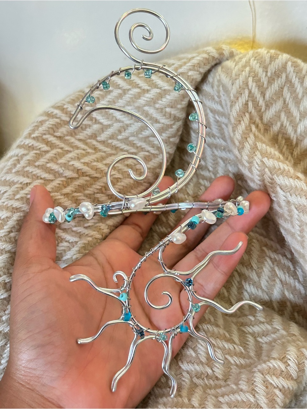 Handmade Silver Wire Sun & Crescent Arm cuff with Turquoise & White Beads